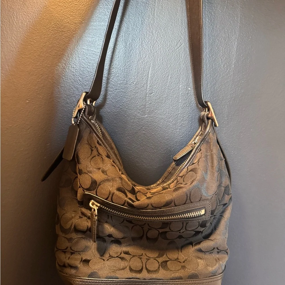 Coach F51381 25380 Black Signature Jacquard Leather Hobo Crossbody Shoulder Bag